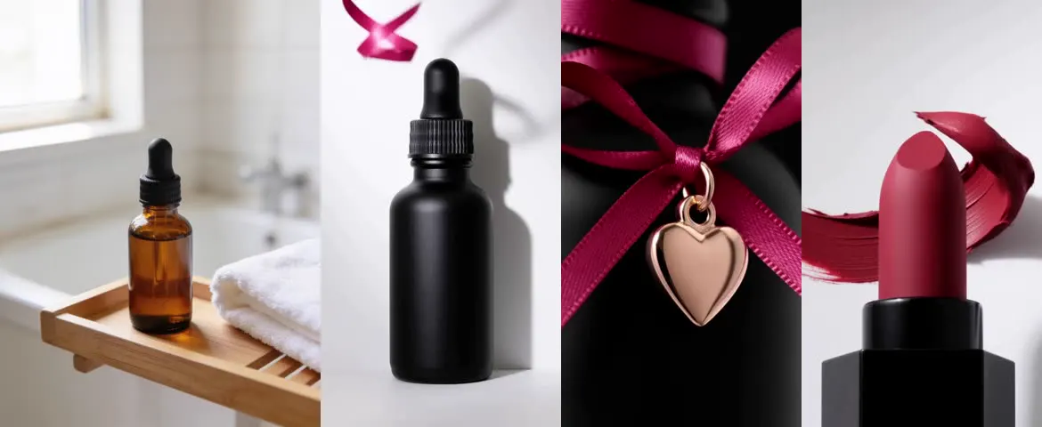 Four frames side by side: an amber glass dropper bottle on a bathroom shelf, then a black matte bottle with a pink ribbon, a rose-gold heart charm on a ribbon, and a red lipstick.