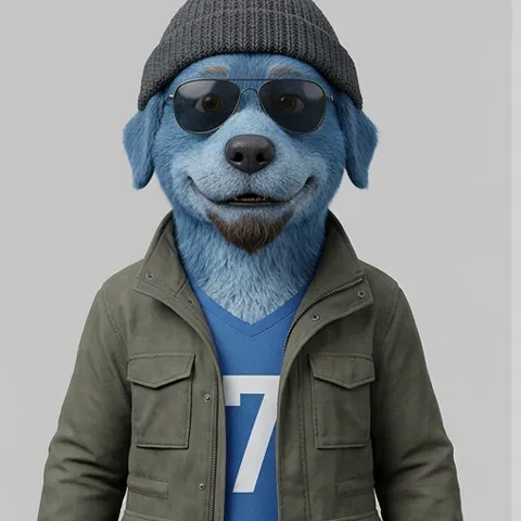 A blue dog in a beanie and sunglasses, with a goatee and a utility jacket