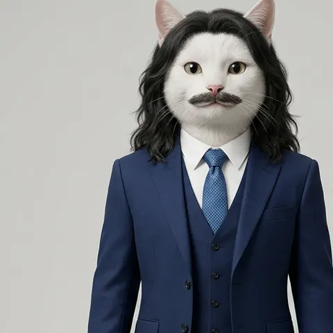 A white cat with long wavy hair and a moustache, in a tailored suit