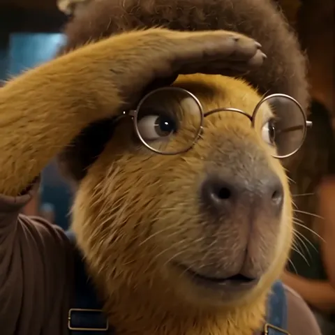 The golden capybara character recast into a party video, frame 1: looking across the room