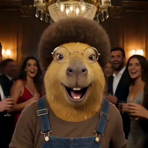 The golden capybara character recast into a party video, frame 2: smiling as the crowd cheers