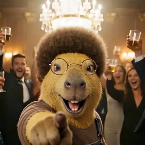 The golden capybara character recast into a party video, frame 3: pointing at the camera