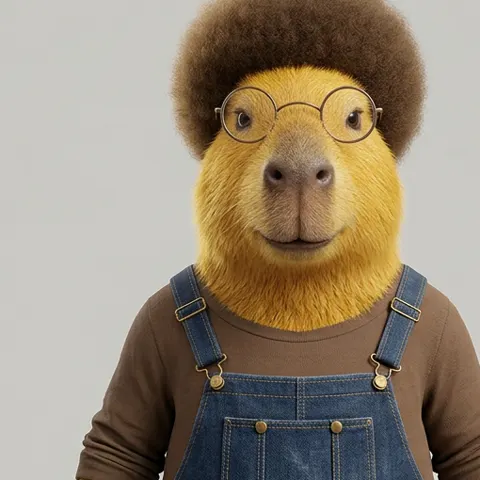 A golden capybara with an afro and round glasses, in denim overalls