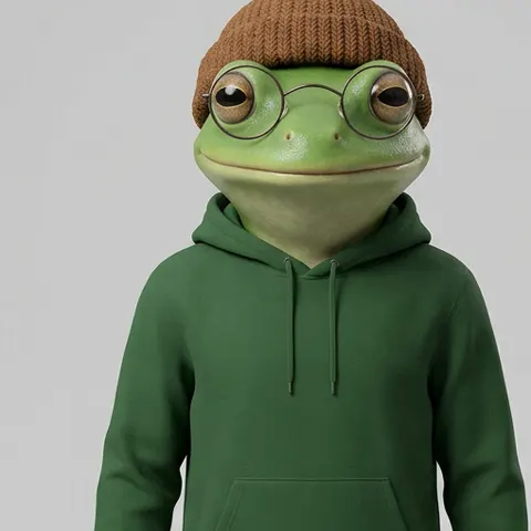 A green frog in a beanie and round glasses, wearing a hoodie