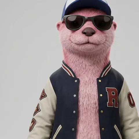 A pink otter in a cap and sunglasses, wearing a varsity jacket