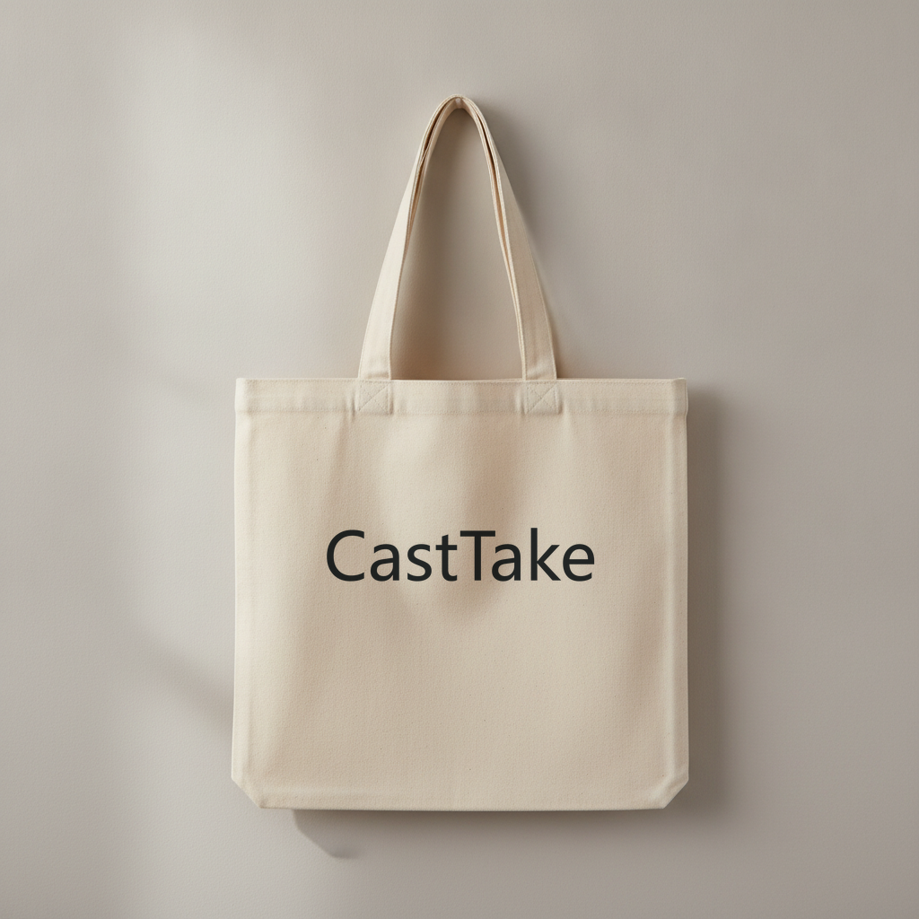 A canvas tote bag with a wordmark on the front, laid flat: the kind of single static shot a seller already has.