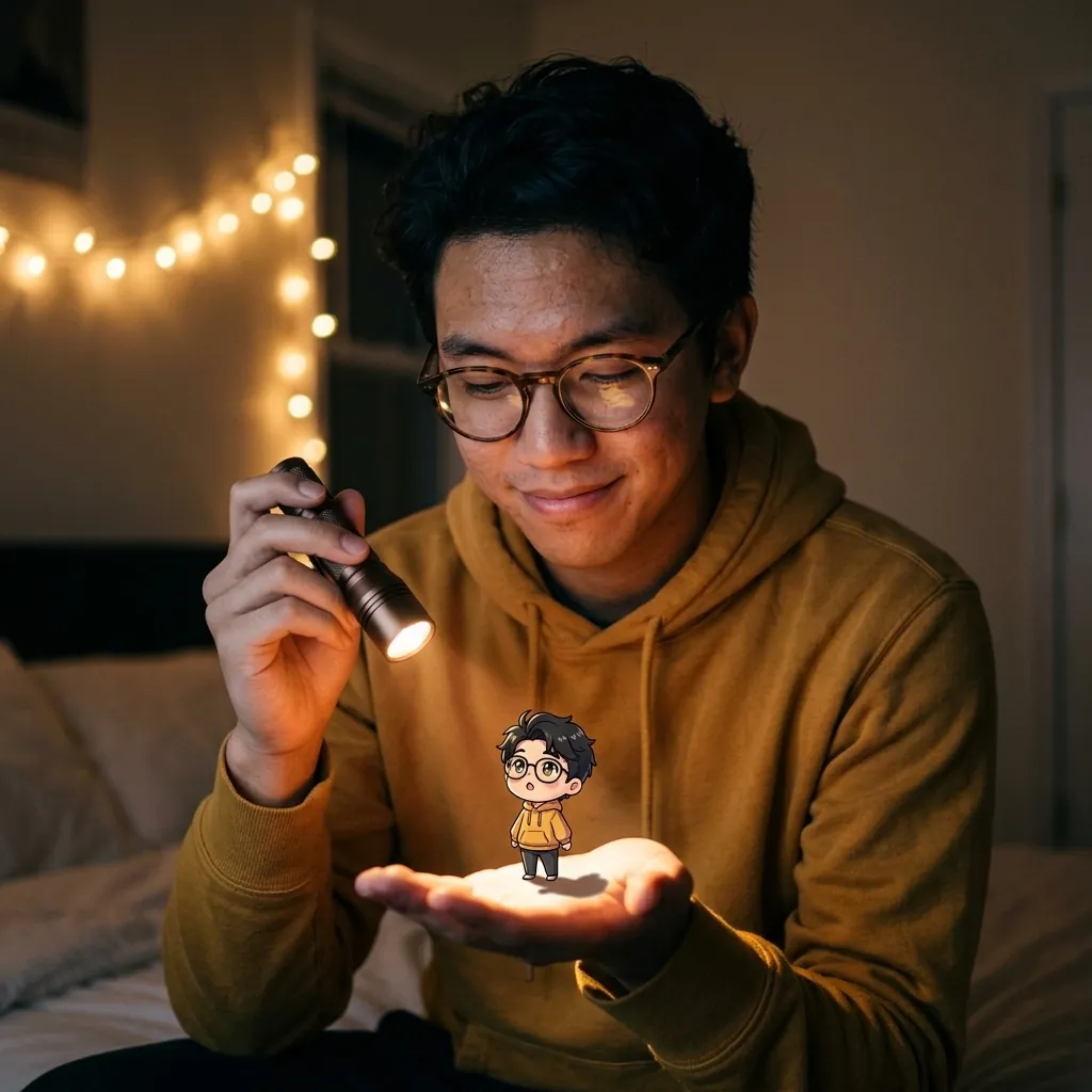 Flashlight AI photo of the same man in a dim bedroom, the flashlight angled down so its beam lights his open palm where a tiny anime version of him stands and casts a shadow