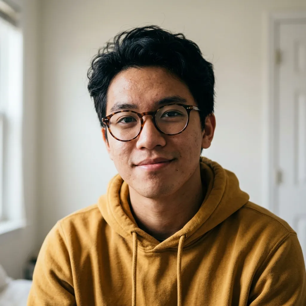 Head-and-shoulders portrait of a young man with round tortoiseshell glasses and a mustard hoodie, the reference photo for every render on this page