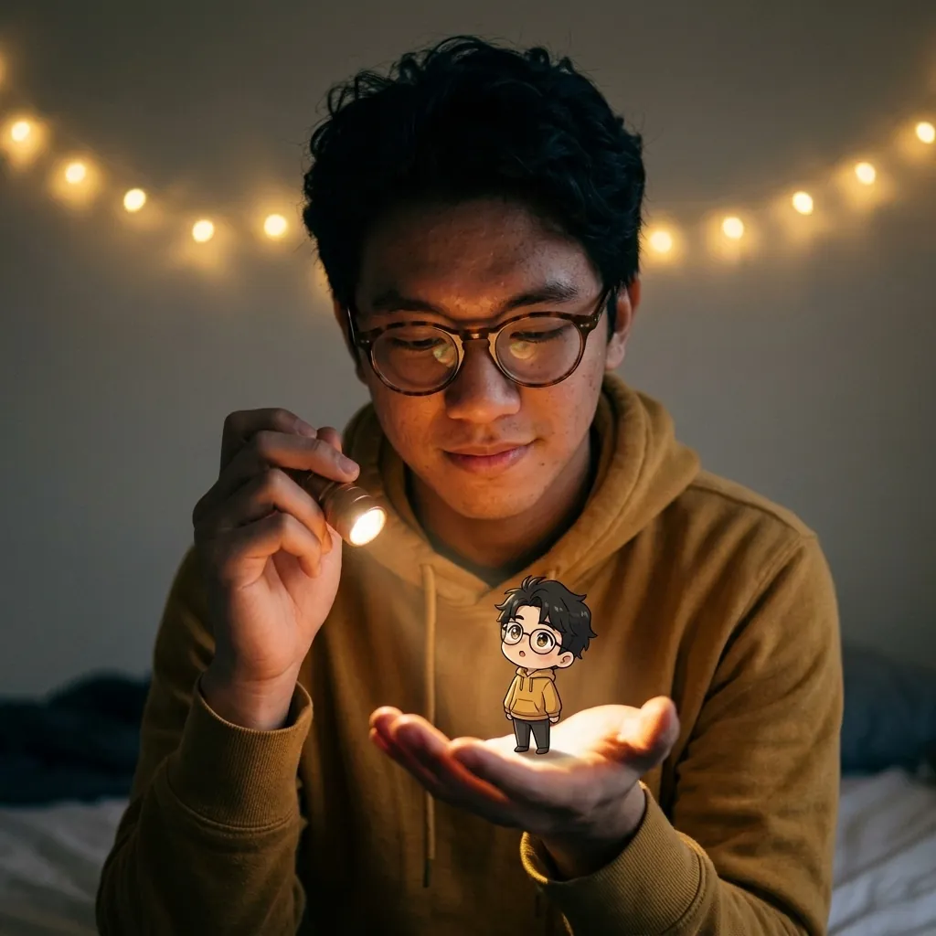 Bedroom at night, first try: a man lighting a tiny anime double on his palm with a flashlight
