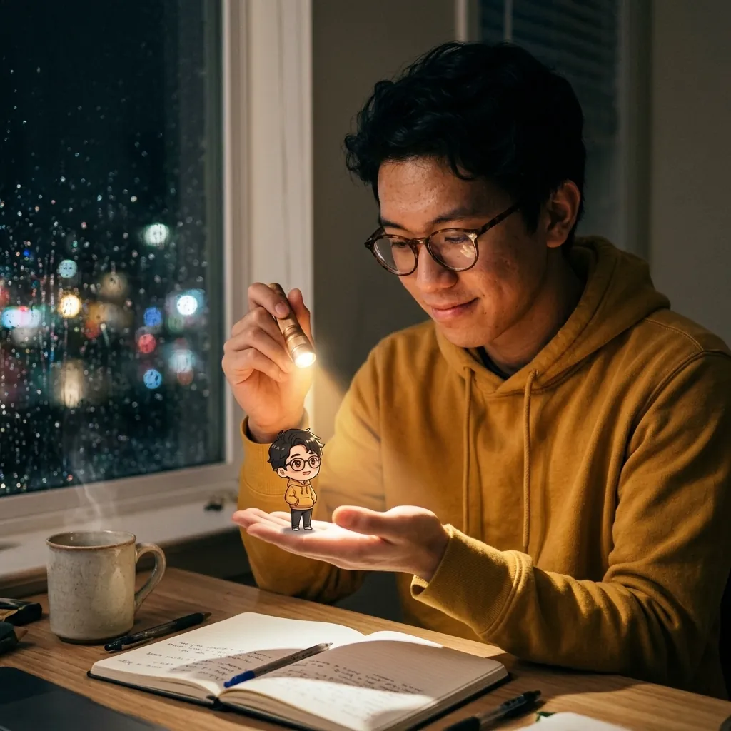 Rainy desk: a man lighting a tiny anime double on his palm with a flashlight