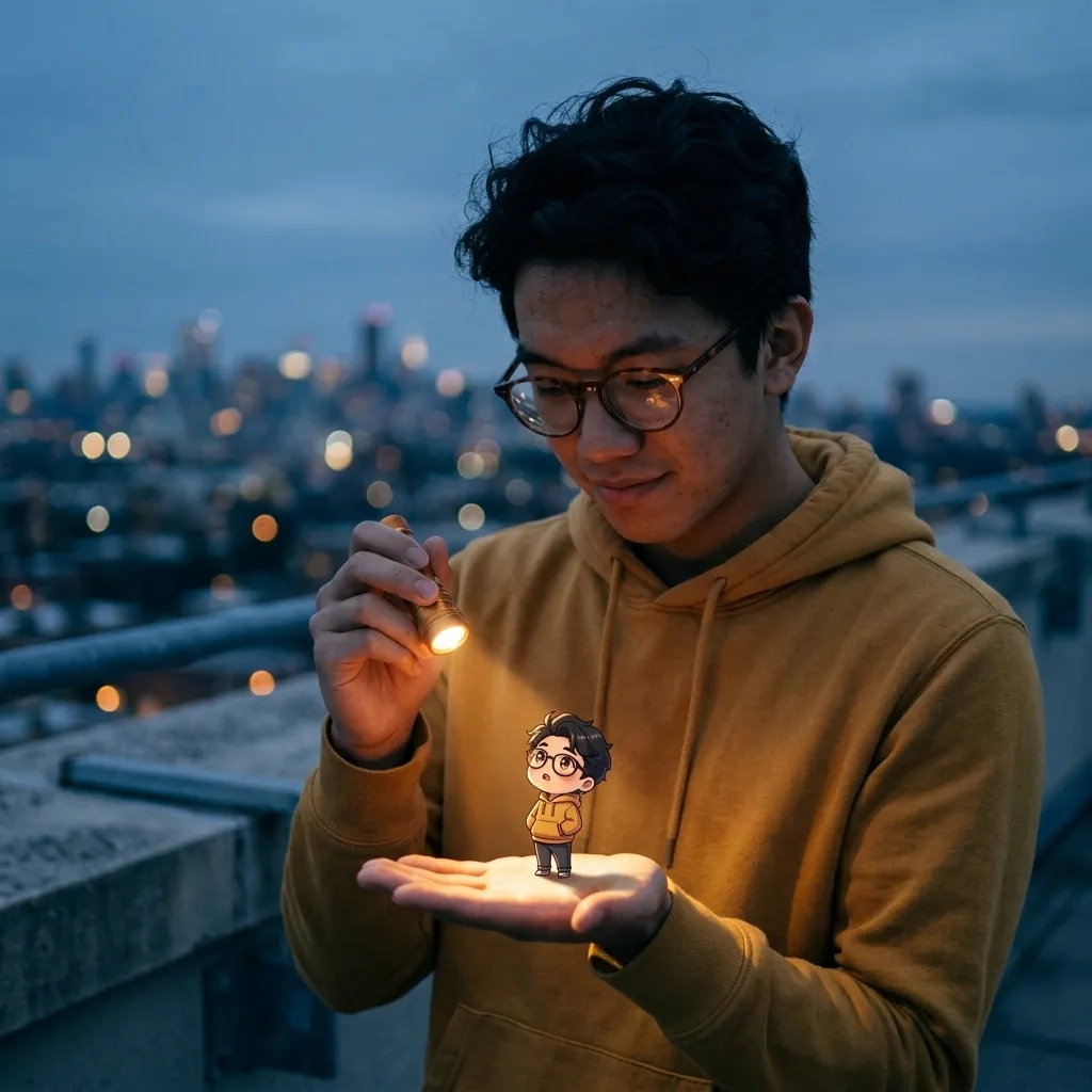 Rooftop at dusk: a man lighting a tiny anime double on his palm with a flashlight