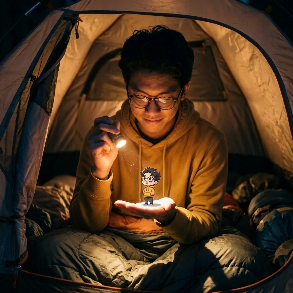 Camping tent: a man lighting a tiny anime double on his palm with a flashlight