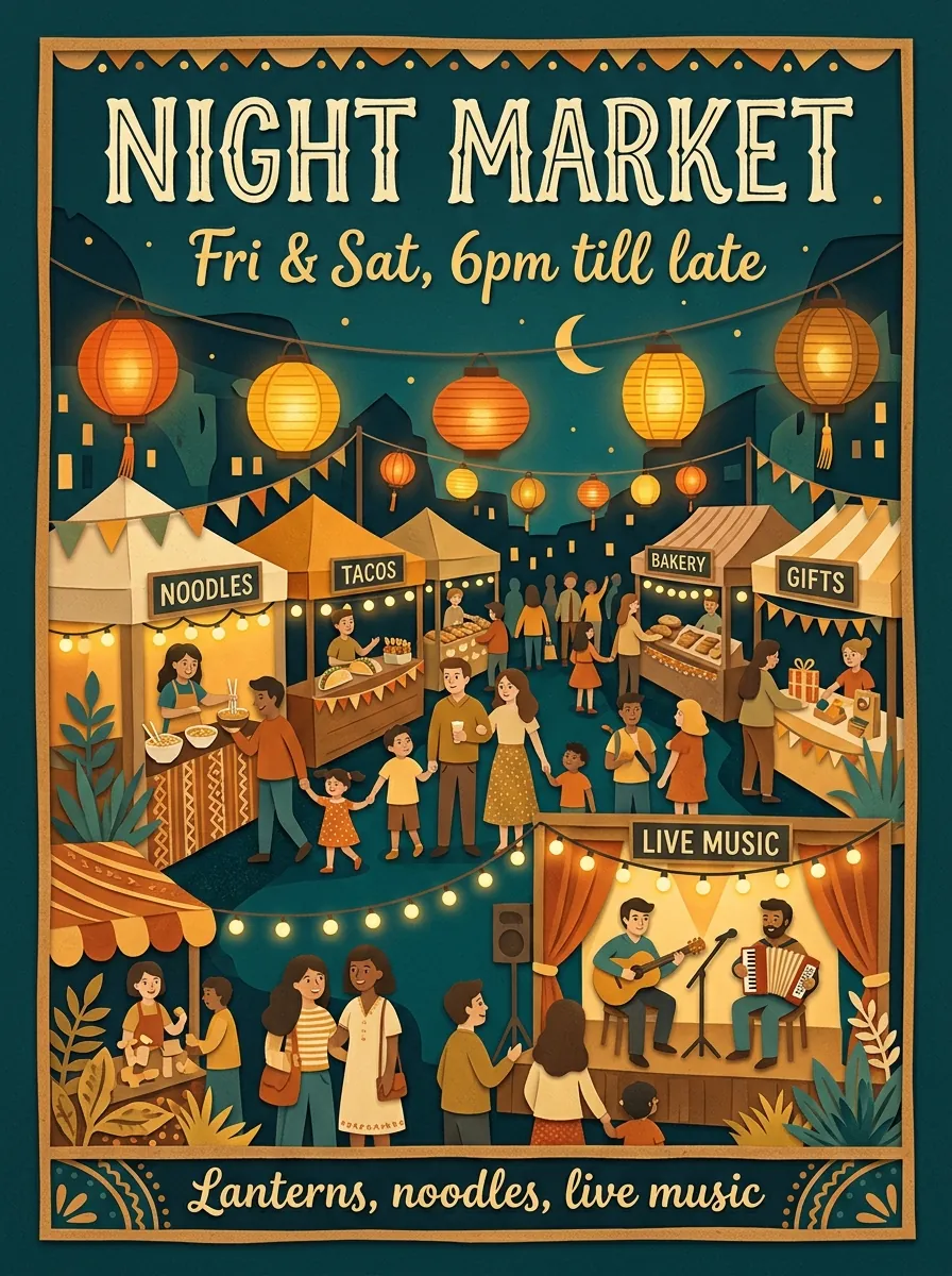 Night market poster by Nano Banana 2 with extra stall signs