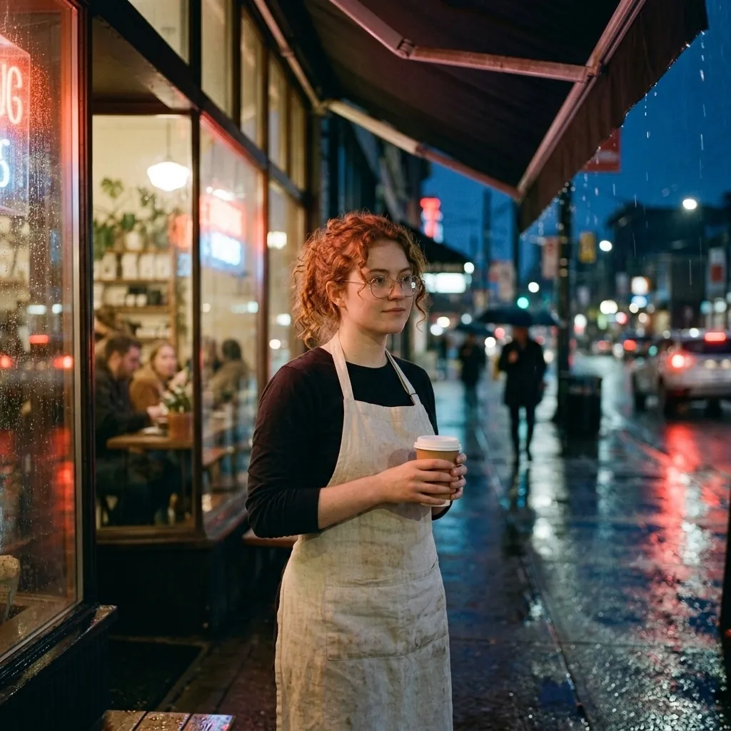Rainy street edit of the same portrait by Nano Banana 2.1