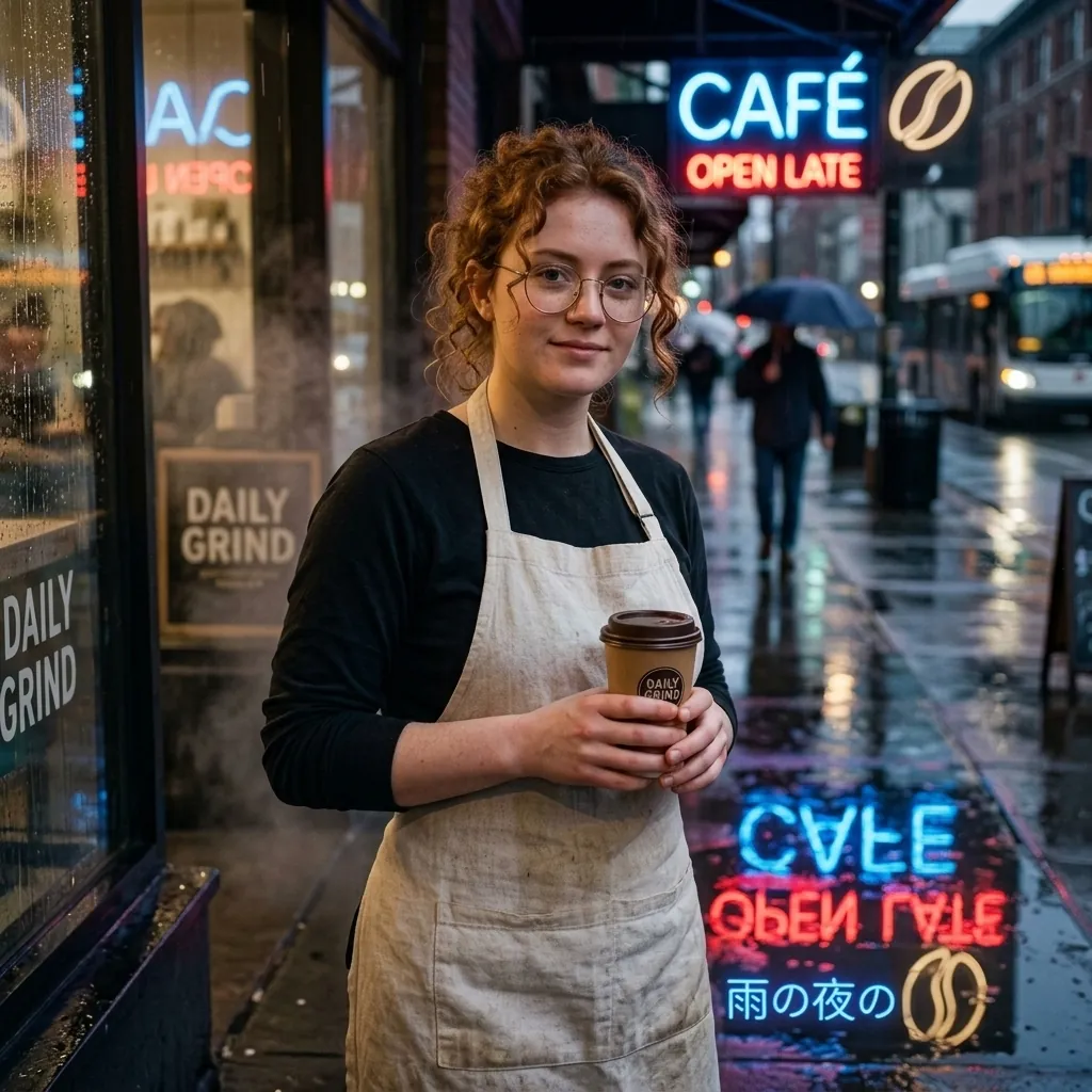 Barista on a rainy street edited by Nano Banana 2 with a neon cafe sign