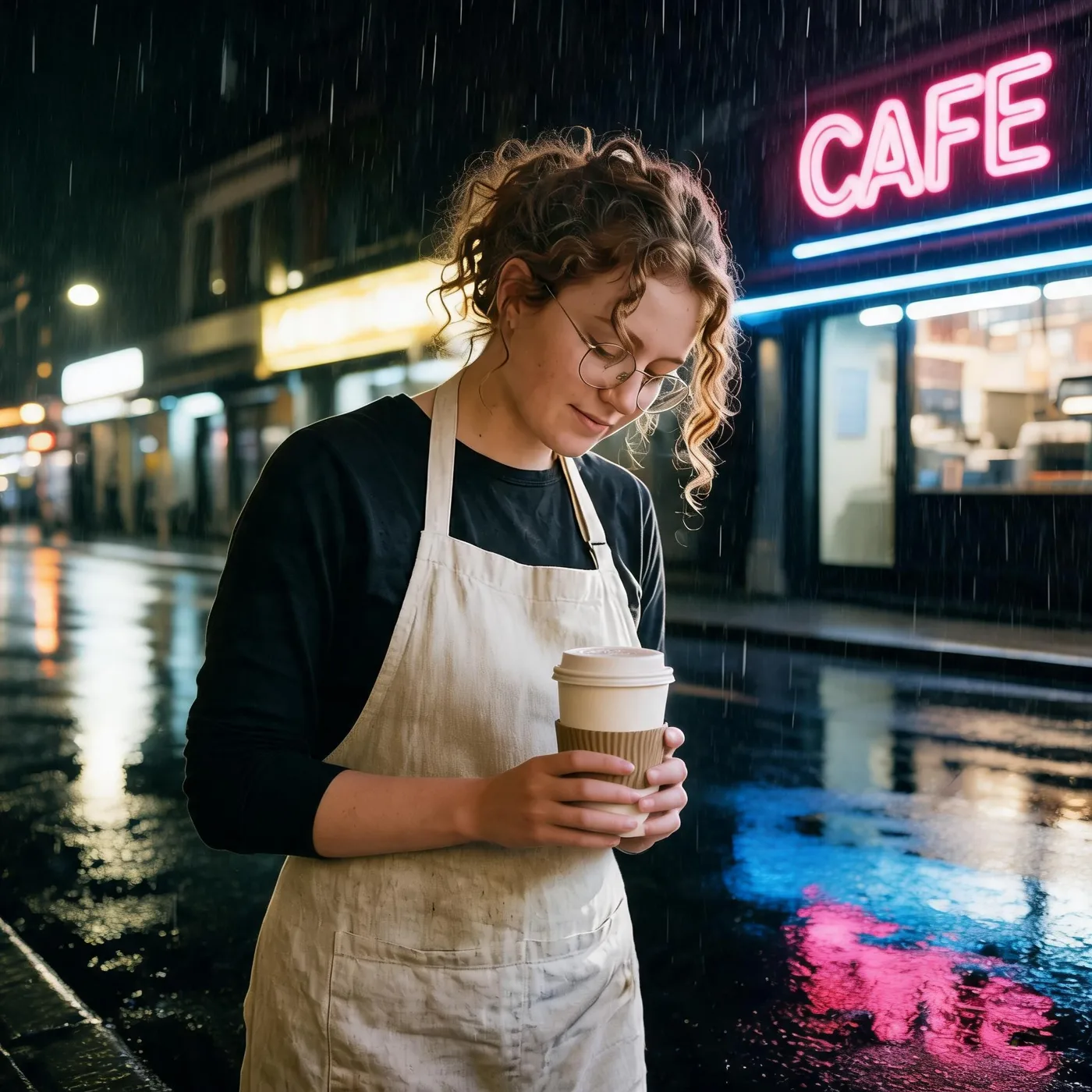 Photo edit: same person, rainy street, made with Seedream 5