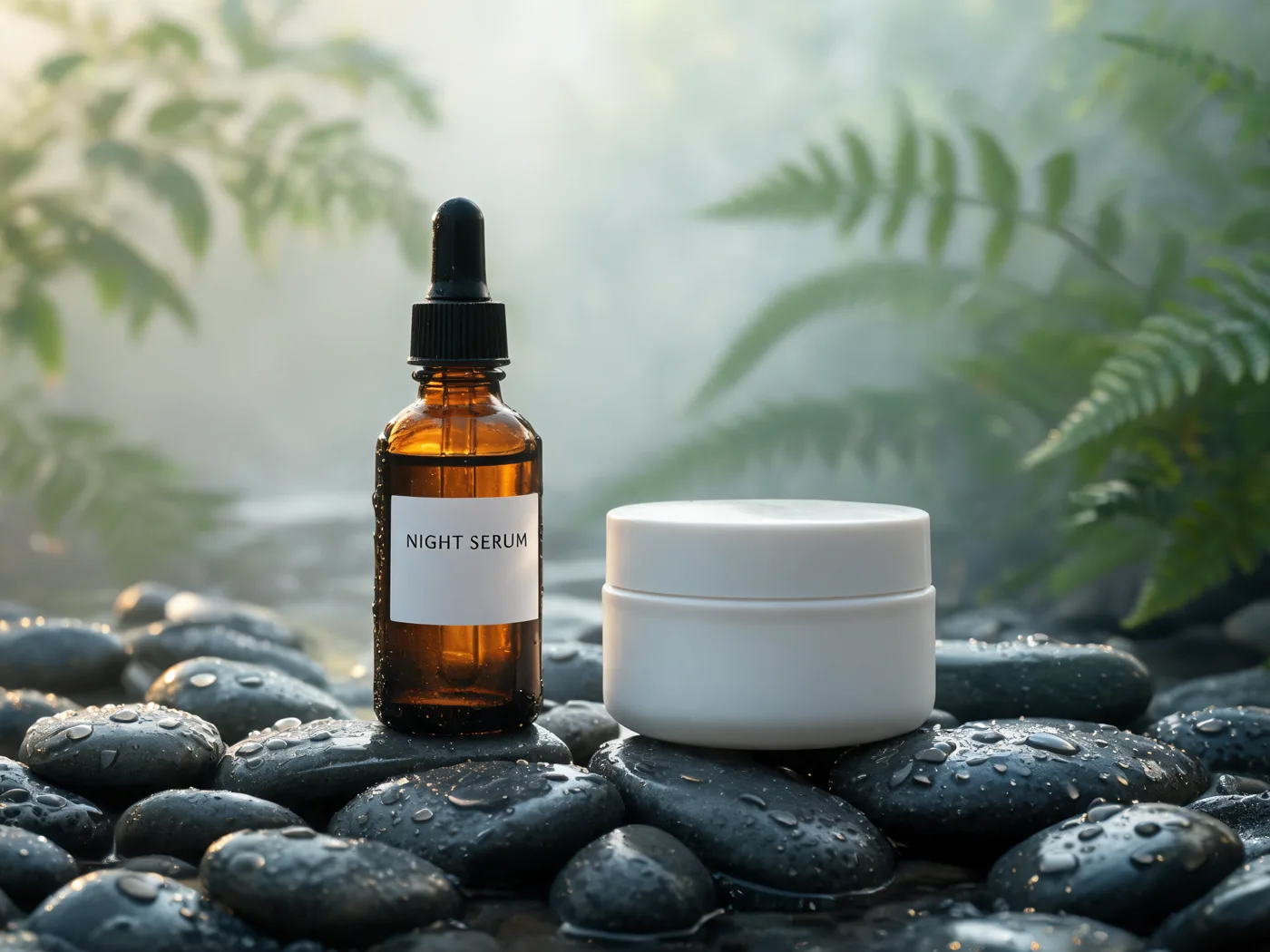 A skincare product shot on wet stones, made with Seedream 5