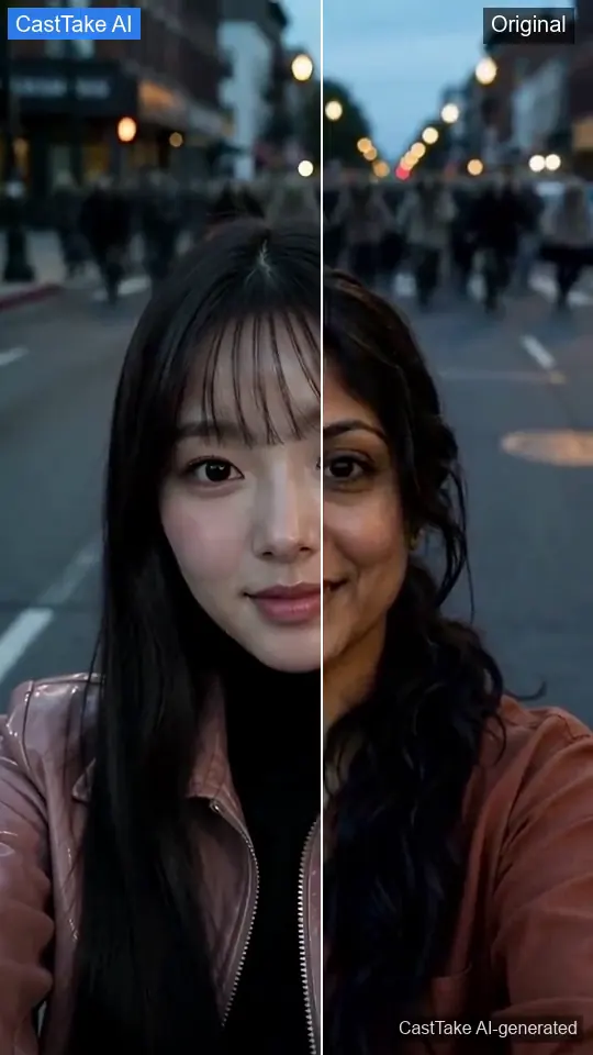 A selfie clip recast with an AI-generated hero, original then recast